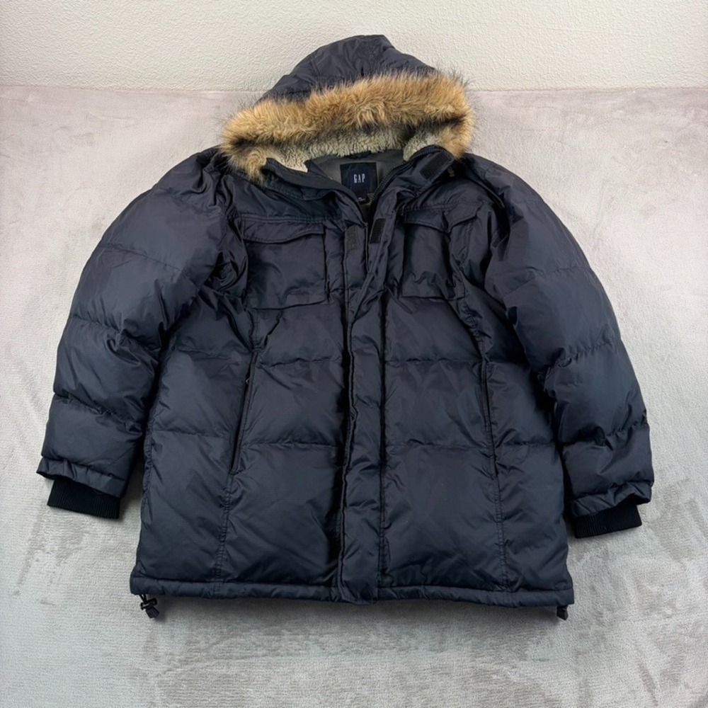 Vintage Gap Goose Down‎ Winter Parka Jacket Men 2XL Black Faux Fur Hood Warm